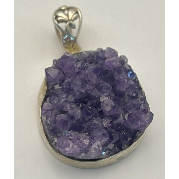 Vintage Sterling Silver 925 Amethyst Geode Pendant Necklace Vintage Raw Amethyst - Picture 3 of 6